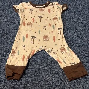 Cozy Kids Footie with Beach Print - Brown and Cream